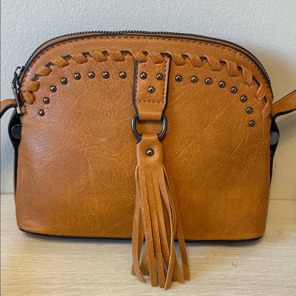 SAM&HADLEY Tan FAUX Leather Crossbody Bag STUDDED
